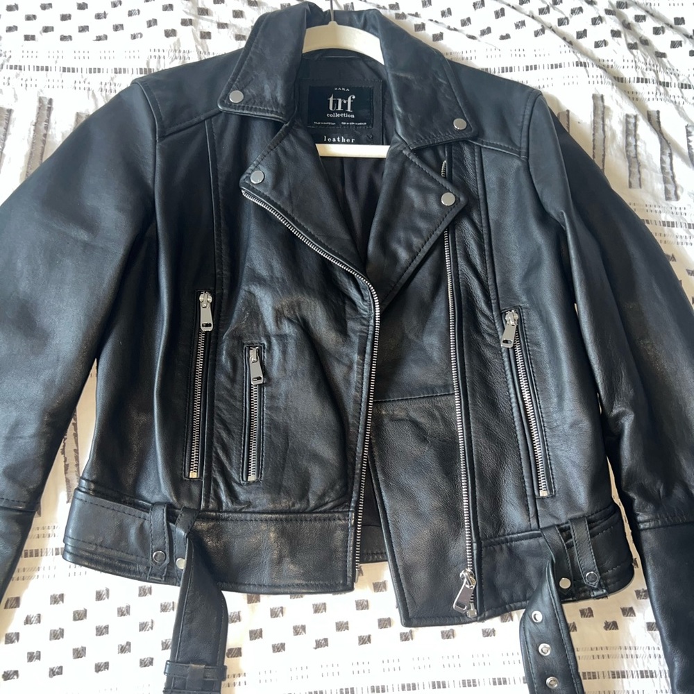 Zara TNF Black Leather Biker Jacket